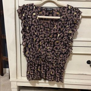 Express Brown Leopard-Print Ruffle Sleeve Blouse with Gold Accents